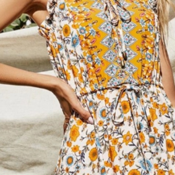 Yellow & Blue Floral Button Front Strappy Midi Dress in White - Picture 4 of 6